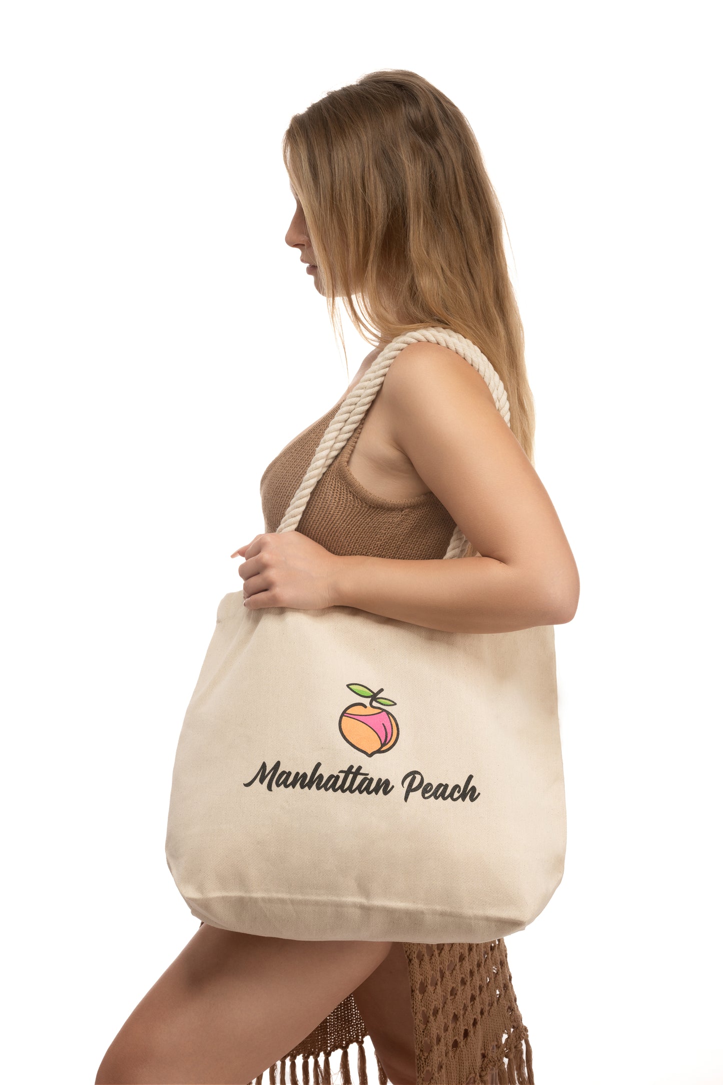 Manhattan Peach Logo Beach Tote with Nautical Rope Handles